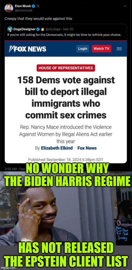 Is it any wonder the Biden Harris regime protects criminals? | NO WONDER WHY THE BIDEN HARRIS REGIME; HAS NOT RELEASED THE EPSTEIN CLIENT LIST | image tagged in memes,roll safe think about it,biden harris regime,refuses to release,epstein client list,deport criminal illegals | made w/ Imgflip meme maker