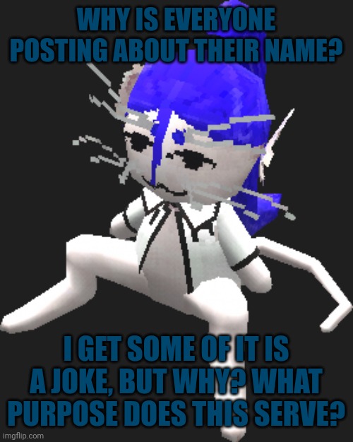 Hm | WHY IS EVERYONE POSTING ABOUT THEIR NAME? I GET SOME OF IT IS A JOKE, BUT WHY? WHAT PURPOSE DOES THIS SERVE? | image tagged in blue ariral plush | made w/ Imgflip meme maker