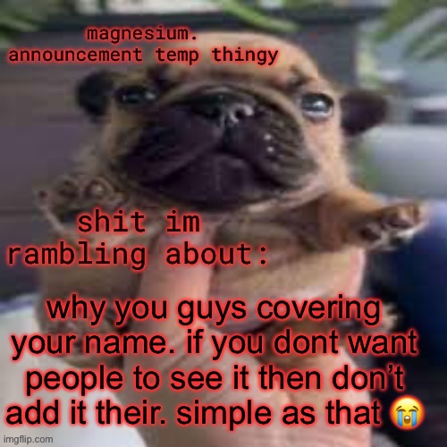 pug temp | why you guys covering your name. if you dont want people to see it then don’t add it their. simple as that 😭 | image tagged in pug temp | made w/ Imgflip meme maker