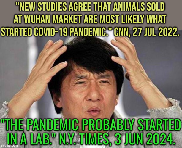 The Pandemic Probably Started in a Lab | "NEW STUDIES AGREE THAT ANIMALS SOLD AT WUHAN MARKET ARE MOST LIKELY WHAT STARTED COVID-19 PANDEMIC." CNN, 27 JUL 2022. "THE PANDEMIC PROBABLY STARTED IN A LAB." N.Y. TIMES, 3 JUN 2024. | image tagged in epic jackie chan hq,scumbag government,china virus,msm lies,biased media,covid-19 | made w/ Imgflip meme maker