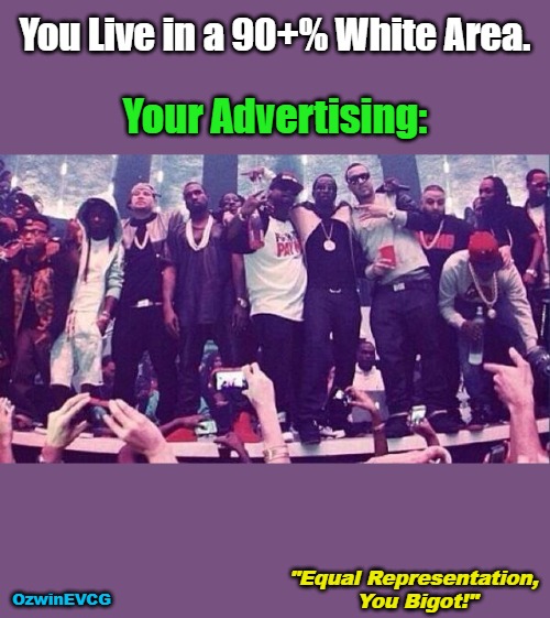 "Equal Representation, You Bigot!" | You Live in a 90+% White Area. Your Advertising:; "Equal Representation, 

You Bigot!"; OzwinEVCG | image tagged in black people,clown world,white people,liberal logic,double standards,white erasure | made w/ Imgflip meme maker