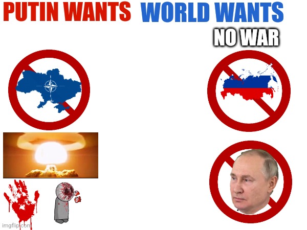 Putin wants vs world wants | PUTIN WANTS; WORLD WANTS; NO WAR | image tagged in war,ukraine | made w/ Imgflip meme maker