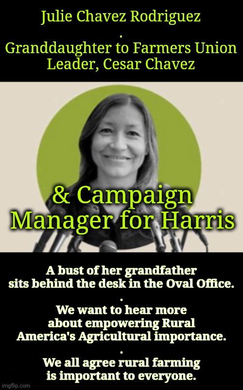 Certainly a Rural Farming Advocate | Julie Chavez Rodriguez
.
Granddaughter to Farmers Union Leader, Cesar Chavez; A bust of her grandfather

sits behind the desk in the Oval Office.
.
We want to hear more about empowering Rural America's Agricultural importance.
.
We all agree rural farming is important to everyone. & Campaign Manager for Harris | image tagged in rural america,dnc,msnbc,farming,union | made w/ Imgflip meme maker