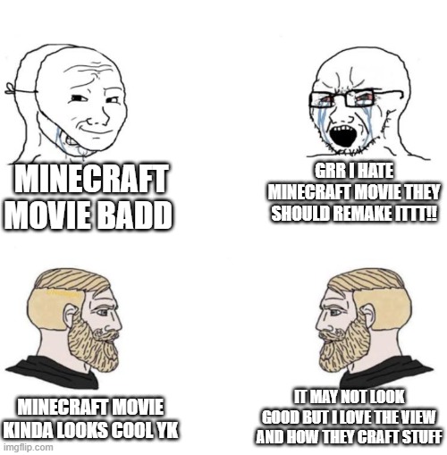 WE GET IT | MINECRAFT MOVIE BADD; GRR I HATE MINECRAFT MOVIE THEY SHOULD REMAKE ITTT!! IT MAY NOT LOOK GOOD BUT I LOVE THE VIEW AND HOW THEY CRAFT STUFF; MINECRAFT MOVIE KINDA LOOKS COOL YK | image tagged in chad we know | made w/ Imgflip meme maker