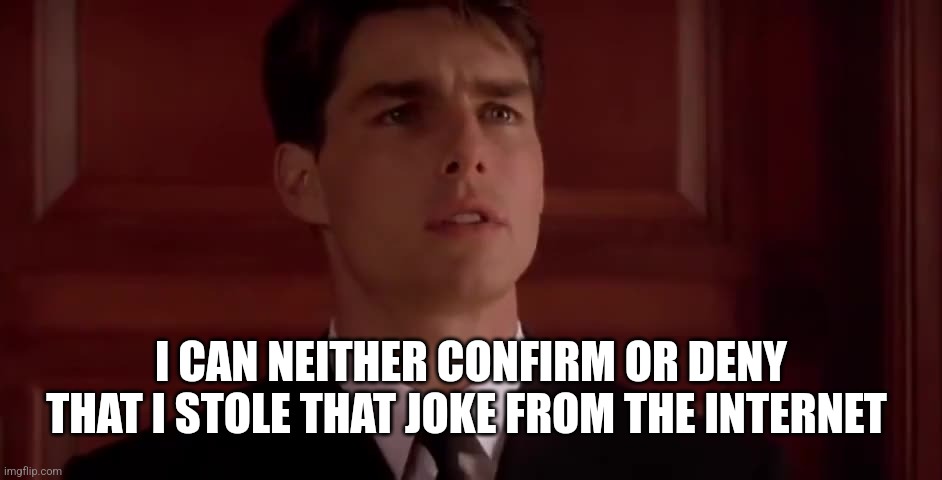 Tom Cruise Few Good Men Courtroom calm 2 | I CAN NEITHER CONFIRM OR DENY THAT I STOLE THAT JOKE FROM THE INTERNET | image tagged in tom cruise few good men courtroom calm 2 | made w/ Imgflip meme maker