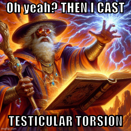 Wizard I cast | Oh yeah? THEN I CAST TESTICULAR TORSION | image tagged in wizard i cast | made w/ Imgflip meme maker