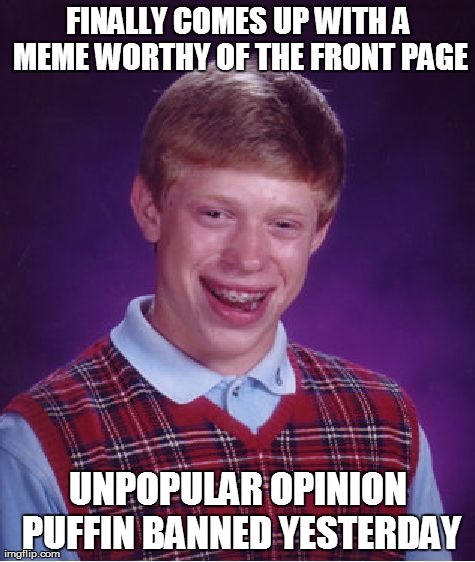 Bad Luck Brian | FINALLY COMES UP WITH A MEME WORTHY OF THE FRONT PAGE UNPOPULAR OPINION PUFFIN BANNED YESTERDAY | image tagged in memes,bad luck brian,AdviceAnimals | made w/ Imgflip meme maker