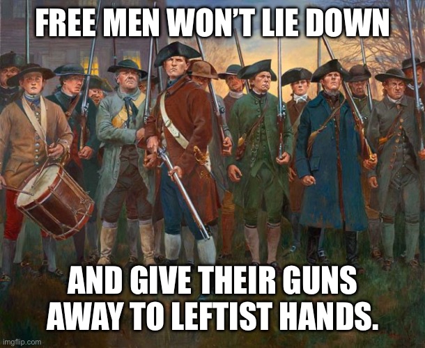 You want to take my guns? | FREE MEN WON’T LIE DOWN AND GIVE THEIR GUNS AWAY TO LEFTIST HANDS. | image tagged in lexington concord | made w/ Imgflip meme maker