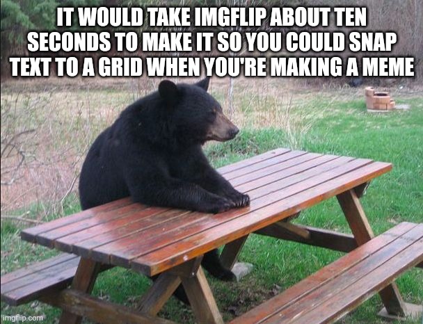 You know it's never gonna happen... | IT WOULD TAKE IMGFLIP ABOUT TEN SECONDS TO MAKE IT SO YOU COULD SNAP TEXT TO A GRID WHEN YOU'RE MAKING A MEME | image tagged in lonely bear,imgflip | made w/ Imgflip meme maker