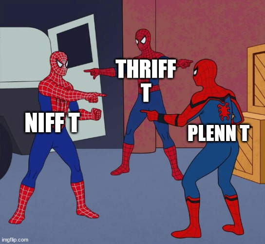 Paper mario meme | THRIFF T; NIFF T; PLENN T | image tagged in spider man triple,paper mario | made w/ Imgflip meme maker