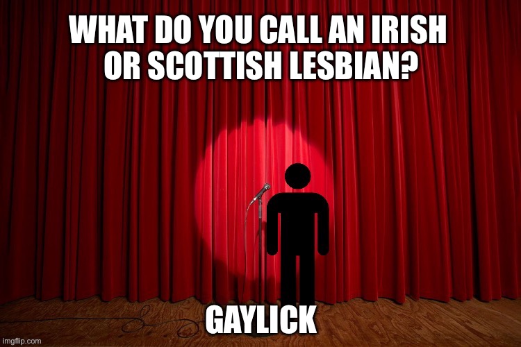 What do you call an Irish or Scottish lesbian? | WHAT DO YOU CALL AN IRISH 
OR SCOTTISH LESBIAN? GAYLICK | image tagged in stick figure performance,stand up comedian,lgbtq,irish,scottish,lesbian | made w/ Imgflip meme maker