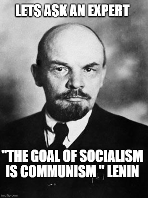 Lenin | "THE GOAL OF SOCIALISM IS COMMUNISM " LENIN LETS ASK AN EXPERT | image tagged in lenin | made w/ Imgflip meme maker