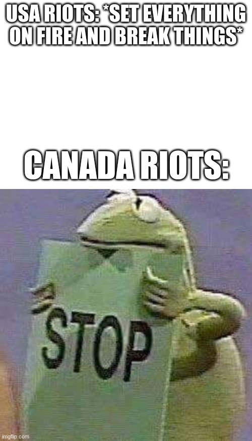 Peaceful mode | USA RIOTS: *SET EVERYTHING ON FIRE AND BREAK THINGS*; CANADA RIOTS: | image tagged in stop but kermit | made w/ Imgflip meme maker