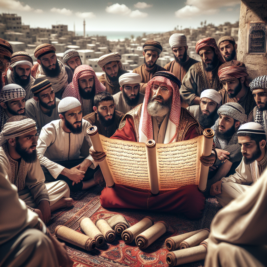 Arabs in Gaza gather around an imam who reads from a scroll Blank Meme Template