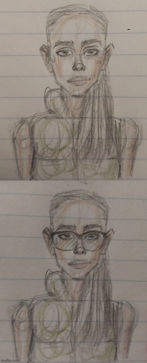 Rate Female Me 1-10 | image tagged in drawings,colored pencils,selfportrait,girl,glasses | made w/ Imgflip meme maker