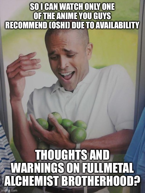 Why Can't I Hold All These Limes Meme | SO I CAN WATCH ONLY ONE OF THE ANIME YOU GUYS RECOMMEND (OSHI) DUE TO AVAILABILITY; THOUGHTS AND WARNINGS ON FULLMETAL ALCHEMIST BROTHERHOOD? | image tagged in memes,why can't i hold all these limes | made w/ Imgflip meme maker