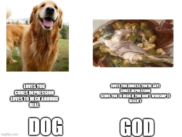 LOVES YOU (UNLESS YOU'RE GAY)
CURES DEPRESSION
SENDS YOU TO HECK IF YOU DON'T WORSHIP IT
REALN'T; LOVES YOU
CURES DEPRESSION
LOVES TO HECK AROUND
REAL; GOD; DOG | made w/ Imgflip meme maker