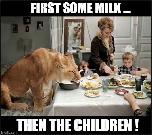 Having A Lion For Breakfast ? | FIRST SOME MILK ... THEN THE CHILDREN ! | image tagged in lions,breakfast,children,dark humour | made w/ Imgflip meme maker