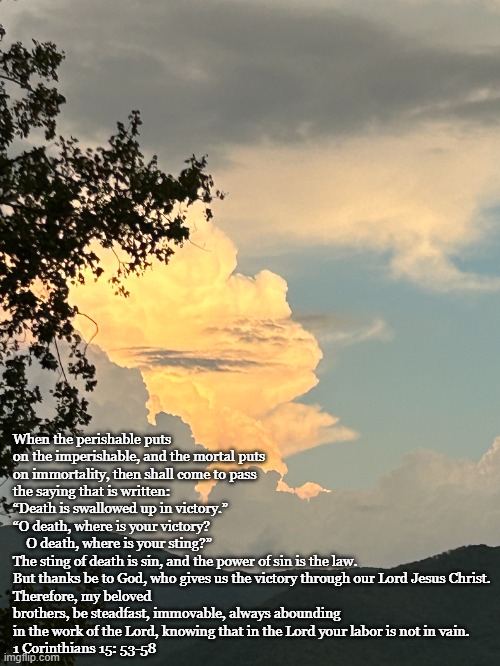 Resurrection in Christ | When the perishable puts on the imperishable, and the mortal puts on immortality, then shall come to pass the saying that is written:
“Death is swallowed up in victory.”
“O death, where is your victory?
    O death, where is your sting?”
The sting of death is sin, and the power of sin is the law. 
But thanks be to God, who gives us the victory through our Lord Jesus Christ.
Therefore, my beloved brothers, be steadfast, immovable, always abounding in the work of the Lord, knowing that in the Lord your labor is not in vain.
1 Corinthians 15: 53-58 | image tagged in easter,resurrrection,1 corinthians 15 | made w/ Imgflip meme maker