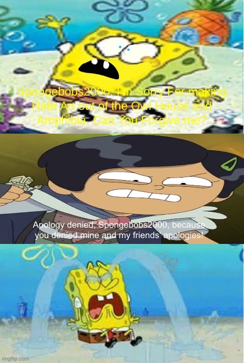 Marcy denies Spongebobs2000’s apology | Apology denied, Spongebobs2000, because you denied mine and my friends’ apologies! | image tagged in who denies spongebobs2000 s apology,amphibia,spongebob | made w/ Imgflip meme maker