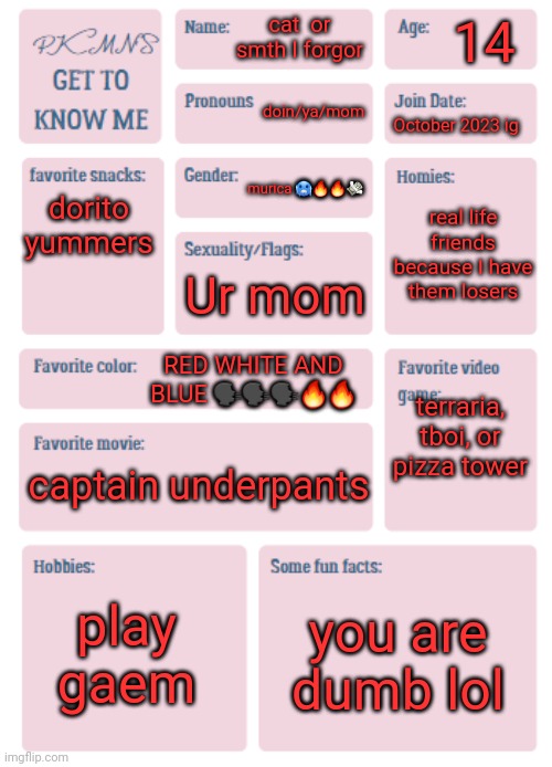 PKMN's Get to Know Me | 14; cat  or smth I forgor; doin/ya/mom; October 2023 ig; dorito yummers; murica 🥶🔥🔥💸; real life friends because I have them losers; Ur mom; RED WHITE AND BLUE 🗣🗣🗣🔥🔥; terraria, tboi, or pizza tower; captain underpants; play gaem; you are dumb lol | image tagged in pkmn's get to know me | made w/ Imgflip meme maker