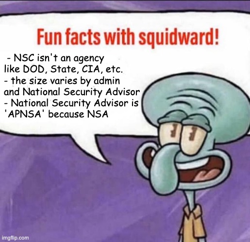 NSC fun facts 101 national security us government educational | - NSC isn't an agency like DOD, State, CIA, etc.
- the size varies by admin 
and National Security Advisor
- National Security Advisor is 
'APNSA' because NSA | image tagged in fun facts with squidward,natsec,foreign policy,government | made w/ Imgflip meme maker