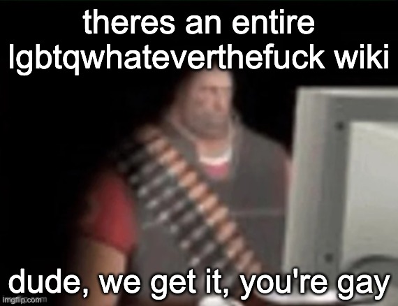 sad heavy computer | theres an entire lgbtqwhateverthefuck wiki; dude, we get it, you're gay | image tagged in sad heavy computer | made w/ Imgflip meme maker