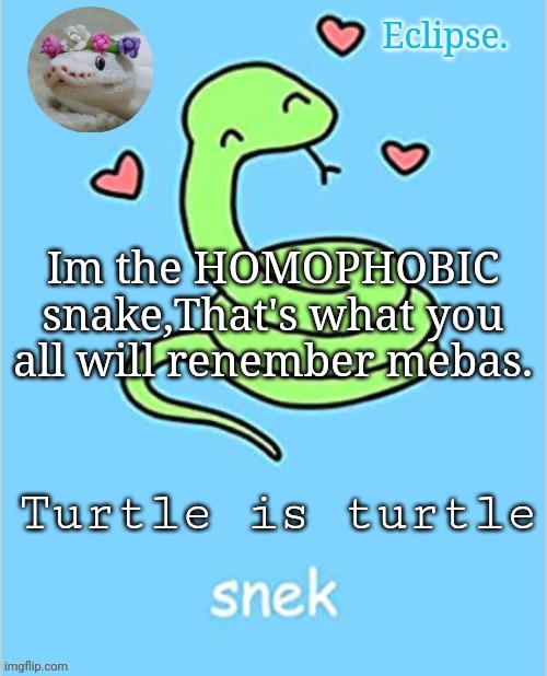 Eclipse. snek temp (thanks sayori) | Im the HOMOPHOBIC snake,That's what you all will renember mebas. Turtle is turtle | image tagged in eclipse snek temp thanks sayori | made w/ Imgflip meme maker