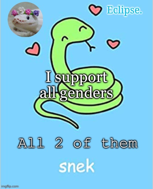 Eclipse. snek temp (thanks sayori) | I support all genders; All 2 of them | image tagged in eclipse snek temp thanks sayori | made w/ Imgflip meme maker