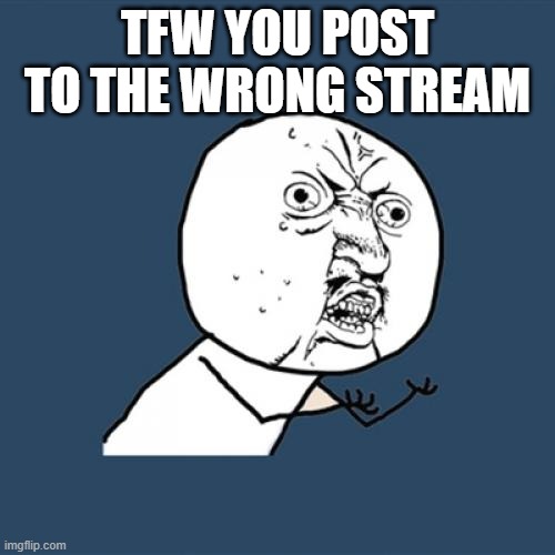 Y U No | TFW YOU POST TO THE WRONG STREAM | image tagged in memes,y u no | made w/ Imgflip meme maker