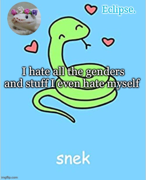 . | I hate all the genders and stuff I even hate myself | image tagged in eclipse snek temp thanks sayori | made w/ Imgflip meme maker