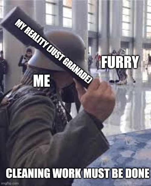 Come here | MY REALITY (JUST GRANADE); FURRY; ME; CLEANING WORK MUST BE DONE | image tagged in german soldier throwing grenade at furries,ww2 | made w/ Imgflip meme maker