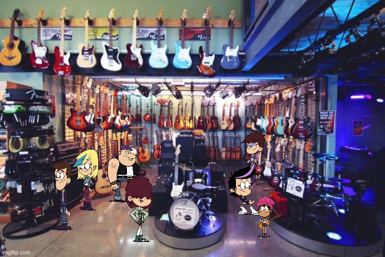 Luna and Her Musicians at a Music Store | image tagged in the loud house,nickelodeon,music,texas,austin,guitars | made w/ Imgflip meme maker