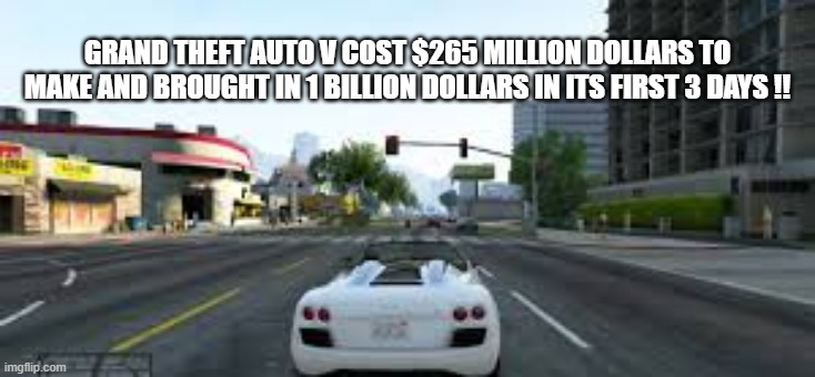 memes by Brad - Grand Theft Auto cost $265 million to make & made $3 billion in 3 days | GRAND THEFT AUTO V COST $265 MILLION DOLLARS TO MAKE AND BROUGHT IN 1 BILLION DOLLARS IN ITS FIRST 3 DAYS !! | image tagged in funny,gaming,video games,grand theft auto,money,humor | made w/ Imgflip meme maker