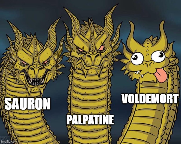 Three dragons | VOLDEMORT; PALPATINE; SAURON | image tagged in three dragons | made w/ Imgflip meme maker