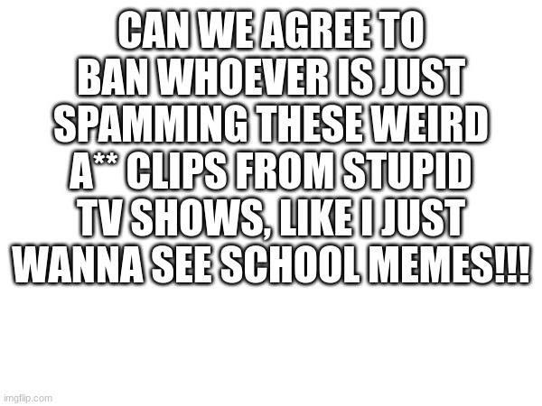 like come on bro | CAN WE AGREE TO BAN WHOEVER IS JUST SPAMMING THESE WEIRD A** CLIPS FROM STUPID TV SHOWS, LIKE I JUST WANNA SEE SCHOOL MEMES!!! | made w/ Imgflip meme maker