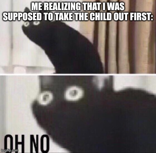 Oh no cat | ME REALIZING THAT I WAS SUPPOSED TO TAKE THE CHILD OUT FIRST: | image tagged in oh no cat | made w/ Imgflip meme maker