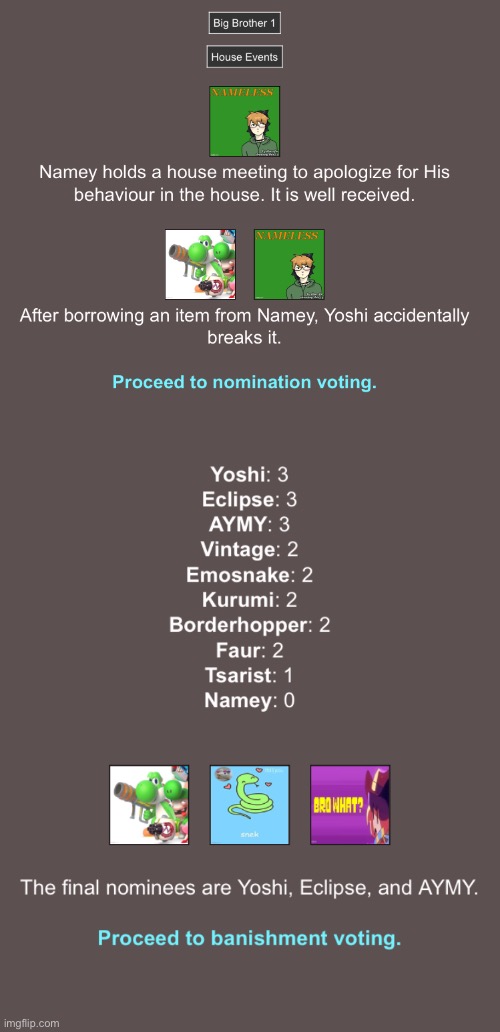 There were automatic off-screen votings run by the AI, vote who of the three should be eliminated | made w/ Imgflip meme maker
