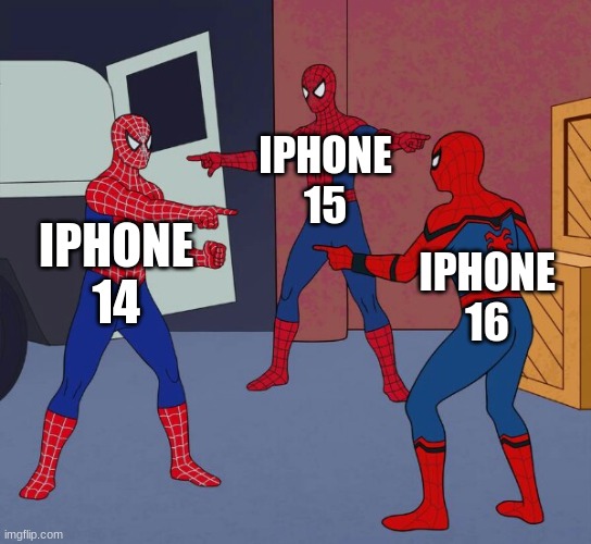 Spider Man Triple | IPHONE 15; IPHONE 14; IPHONE 16 | image tagged in spider man triple | made w/ Imgflip meme maker