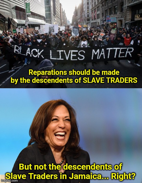 Reparations should be made by the descendents of SLAVE TRADERS; But not the descendents of Slave Traders in Jamaica... Right? | image tagged in black lives matter,kamala harris laughing | made w/ Imgflip meme maker