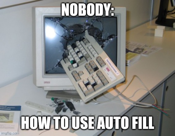 How to use auto fill | NOBODY:; HOW TO USE AUTO FILL | image tagged in broken computer,computer,funny memes,memes,funny,jpfan102504 | made w/ Imgflip meme maker