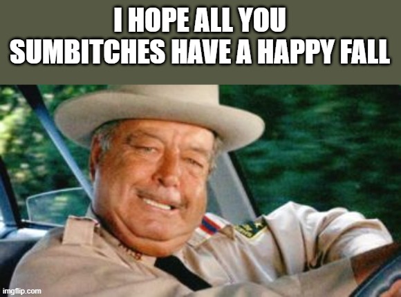 Happy Fall | I HOPE ALL YOU SUMBITCHES HAVE A HAPPY FALL | image tagged in happy,fall,sumbitches,sheriff buford t justice,funny,memes | made w/ Imgflip meme maker