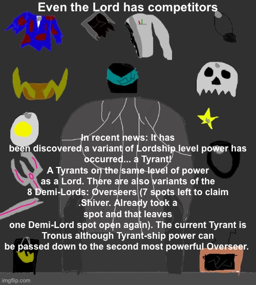 Also: Overseers can only Evil characters and not regular or joke characters looking for power | Even the Lord has competitors; In recent news: It has been discovered a variant of Lordship level power has
occurred... a Tyrant! A Tyrants on the same level of power as a Lord. There are also variants of the
8 Demi-Lords: Overseers (7 spots left to claim
.Shiver. Already took a spot and that leaves
one Demi-Lord spot open again). The current Tyrant is Tronus although Tyrant-ship power can be passed down to the second most powerful Overseer. | made w/ Imgflip meme maker