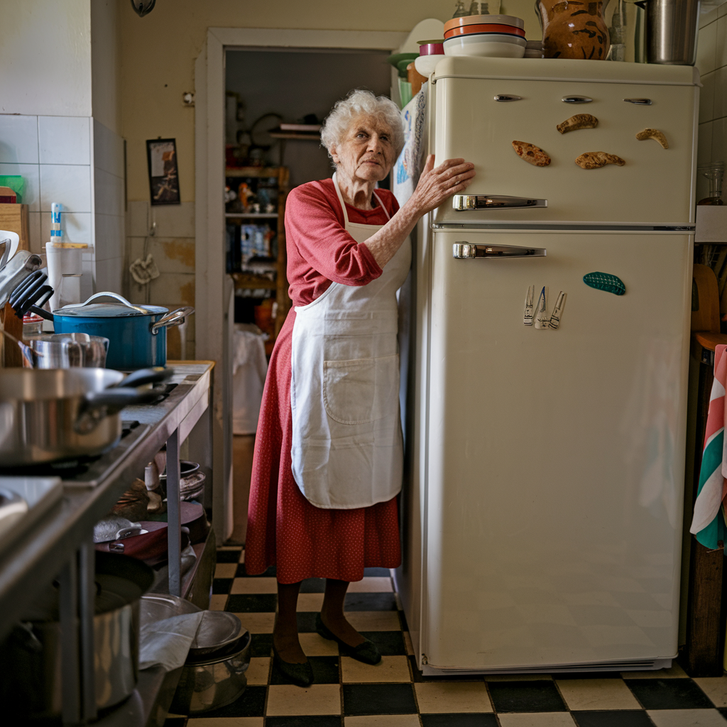 Grandma hanging to a fridge freezer Blank Meme Template