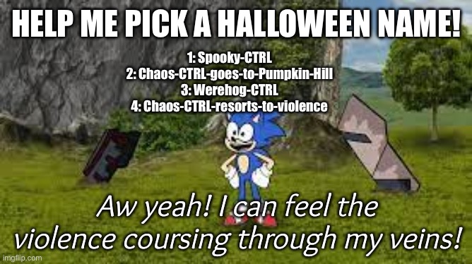 Or any other suggestions! | HELP ME PICK A HALLOWEEN NAME! 1: Spooky-CTRL
2: Chaos-CTRL-goes-to-Pumpkin-Hill
3: Werehog-CTRL
4: Chaos-CTRL-resorts-to-violence | image tagged in sonic violence coursing through my veins | made w/ Imgflip meme maker