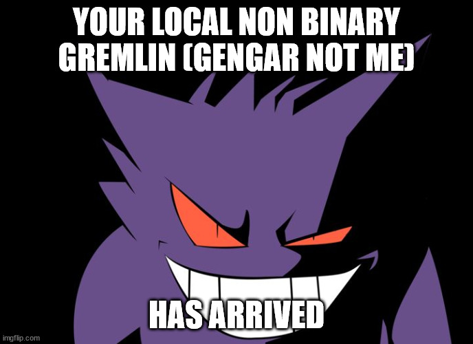 Shady Gengar | YOUR LOCAL NON BINARY GREMLIN (GENGAR NOT ME); HAS ARRIVED | image tagged in shady gengar | made w/ Imgflip meme maker