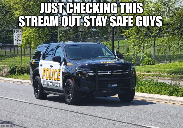 police car | JUST CHECKING THIS STREAM OUT STAY SAFE GUYS | image tagged in police car | made w/ Imgflip meme maker