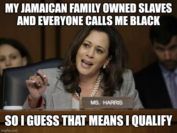 Kamala Harris | MY JAMAICAN FAMILY OWNED SLAVES
AND EVERYONE CALLS ME BLACK SO I GUESS THAT MEANS I QUALIFY | image tagged in kamala harris | made w/ Imgflip meme maker