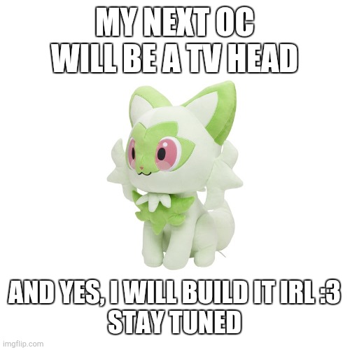 I'll call her Emotron (As in Emotion and Electron) | MY NEXT OC WILL BE A TV HEAD; AND YES, I WILL BUILD IT IRL :3
STAY TUNED | image tagged in sprigatito plush | made w/ Imgflip meme maker