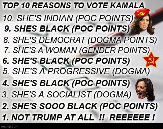 Voting Ballot | TOP 10 REASONS TO VOTE KAMALA; 10. SHE'S INDIAN (POC POINTS); 9. SHES BLACK (POC POINTS); 8. SHE'S DEMOCRAT (DOGMA POINTS); 7. SHE'S A WOMAN (GENDER POINTS); 6. SHE'S BLACK (POC POINTS); 5. SHE'S A PROGRESSIVE (DOGMA); 4. SHE'S BLACK (POC POINTS); 3. SHE'S A SOCIALIST (DOGMA); 2. SHE'S SOOO BLACK (POC POINTS); 1. NOT TRUMP AT ALL  !!  REEEEEE ! | image tagged in top 10,vote,kamala,commie,communist,trump | made w/ Imgflip meme maker